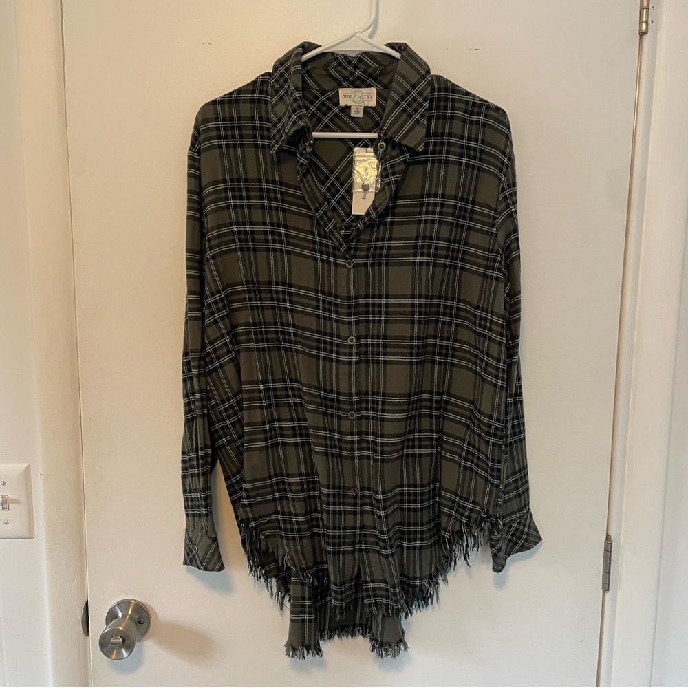 Green Plaid Fringe Hem Ling Sleeve Shirt Size Small